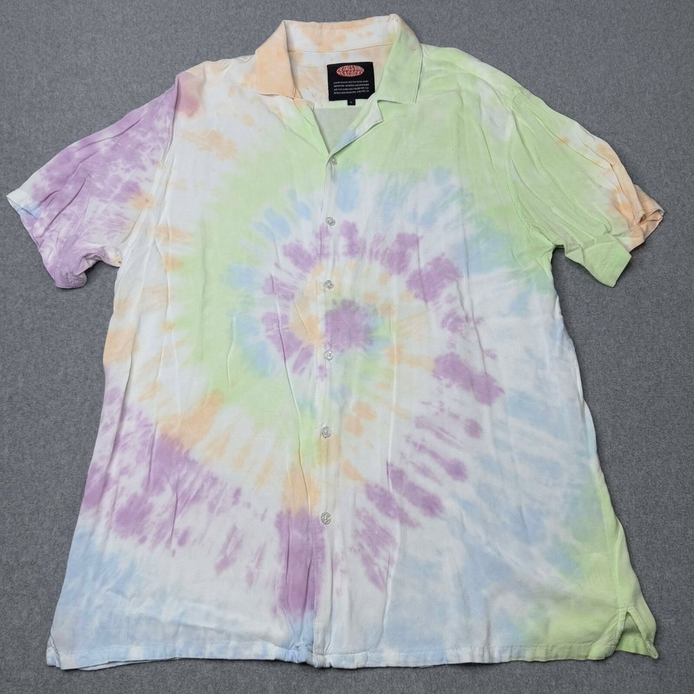 Petals And Peacocks Shirt Mens XL Button Up Multi Tie Dye Hawaiian Coastal Beach
